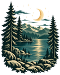 YebYeb Moonlit Alpine Lake hoodie back-print artwork: mountain lake under a full moon in deep blues and silver