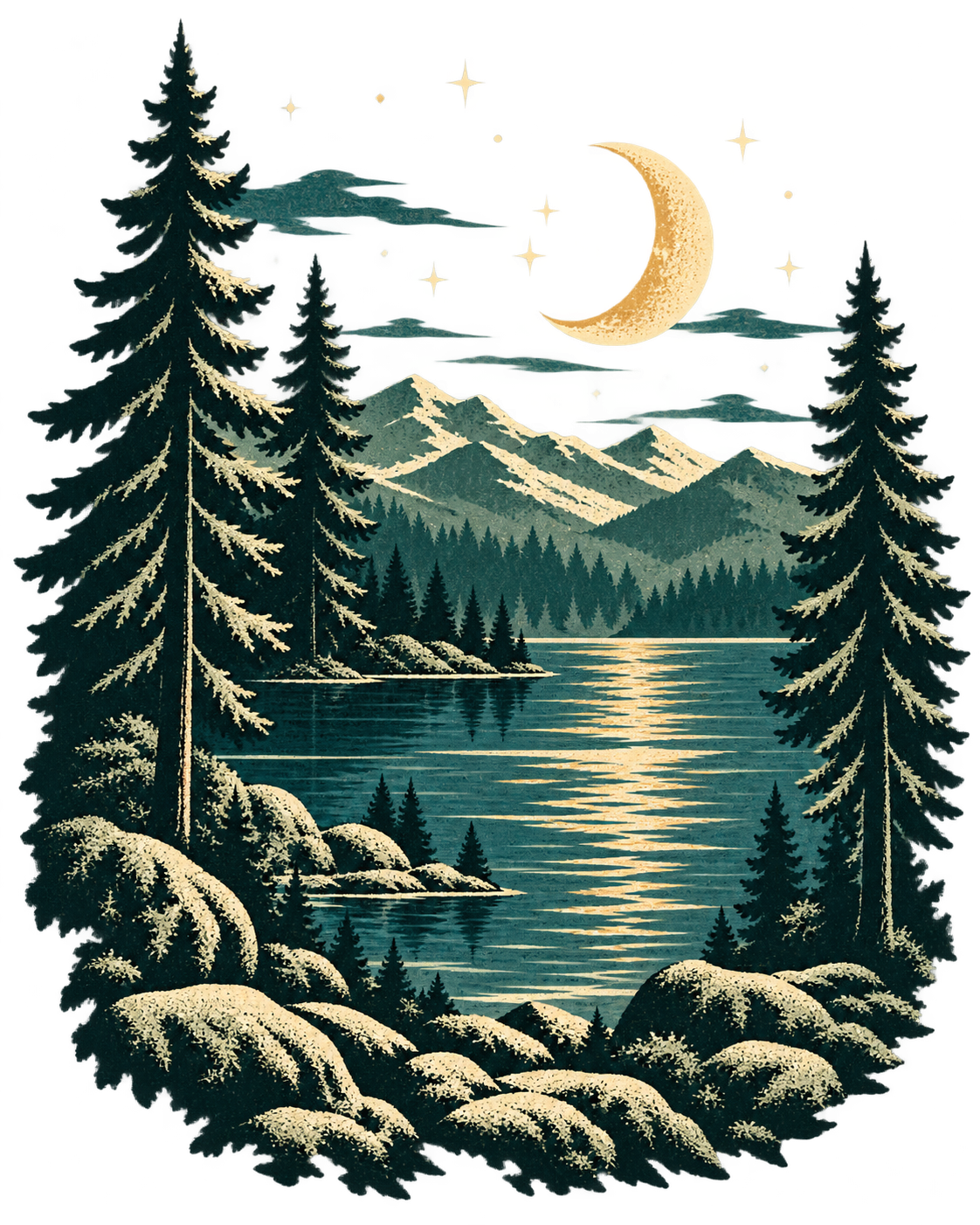 YebYeb Moonlit Alpine Lake hoodie back-print artwork: mountain lake under a full moon in deep blues and silver