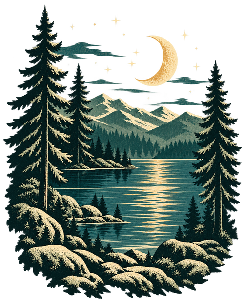 YebYeb Moonlit Alpine Lake hoodie back-print artwork: mountain lake under a full moon in deep blues and silver